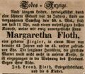 Traueranzeige für Margaretha Floth, 1846