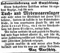 Zeitungsanzeige für ein neues Modegeschäft in der damaligen <a class="mw-selflink selflink">Schwabacher Straße 291</a>, Februar 1852