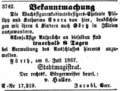 Amtsbekanntmachung über Auswanderungsabsicht der Eheleute Evora, Juli 1867