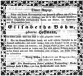 Todesanzeige Elisabetha Böhm, Oktober 1856