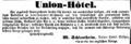 Zeitungsannonce von <!--LINK'" 0:3--> für sein <a class="mw-selflink selflink">Hotel Union</a>, September 1865