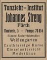 Werbe Eintrag im Fürther Adressbuch 1931 der <a class="mw-selflink selflink">Tanzschule Streng</a>