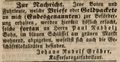 Zeitungsanzeige von <a class="mw-selflink selflink">Johann Rudolf Gröber</a>, Kaffeesurrogatfabrikant, Juni 1847