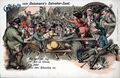 Gruß von der <!--LINK'" 0:14-->, historische Ansichtskarte gezeichnet mit einem Saufgelage im Geismannsaal mit leicht sexistischer Anspielung - aber folgendem Trinklied: Am heut´gen Tag, Ob Jud ob Christ, Ein jeder Aus dem Häuschen ist., um 1900