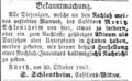 Zeitungsanzeige der Witwe von <a class="mw-selflink selflink">Moritz Schlentheim</a>, Oktober 1867