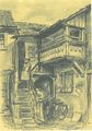 Ansichtskarte vom <a class="mw-selflink selflink">Fraveliershof</a> (Hintergebäude); Kohlezeichnung von <!--LINK'" 0:16-->, 1953