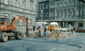 1979: Tiefbauarbeiten vor , im Hintergrund die Geschäfte Wolf und Dorn