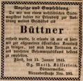 Zeitungsannonce des Büttnermeisters Georg Matthäus Käfferlein in der , Januar 1845