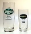 2 Biergläder der Grüner Braurerei, links ein begehrtes 0,5 Liter Sammlerglas da noch mit dem alten Werbespruch versehen, rechts ein 0,25 Liter Bierglas - mit dem neuen Werbespruch der Brauerei, Aug. 2021
