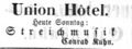 Zeitungsanzeige von "Conrad Kuhn", "Union Hotel", Dezember 1863