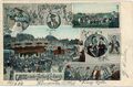 Gruß von der <!--LINK'" 0:151-->, historische Ansichtskarte mit Fotografien vom Königsplatz und Heringsbraterdorf, koloriert, gel. 1905