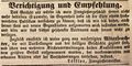 Zeitungsannonce des Zinngießermeisters Löffler, Juli 1842