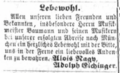 Lebewohl-Gruß bei Abreise der Musiker nach München, November 1869