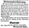 Zeitungsanzeige von Margaretha Bock, die in der <!--LINK'" 0:9--> ein Lokal eröffnet, Februar 1854