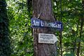 Am Lehmacker, mit Hinweisschild zum Felsenkeller im Stadtwald, Aug. 2020
