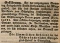 Zeitungsanzeige der Arbeiter der Spiegelglasfabrik Büchenbacher in Schniegling, Sep. 1848